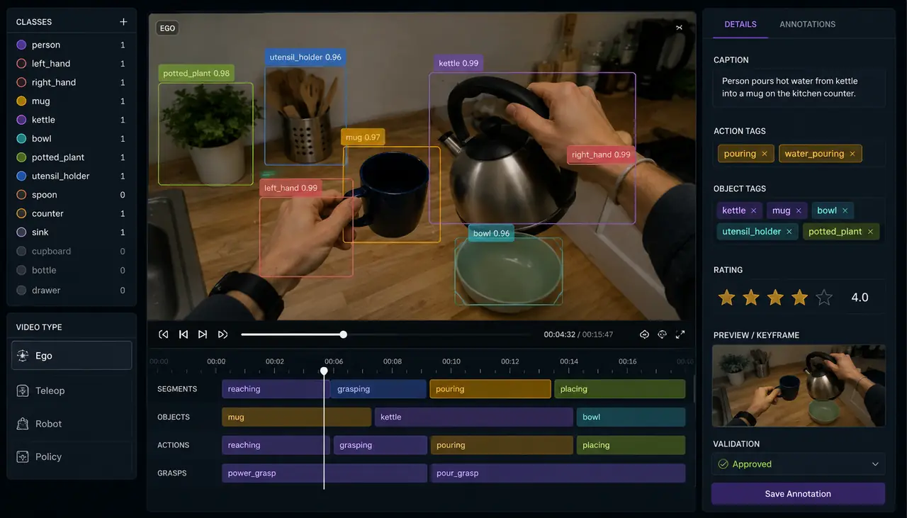 Annotation tool showing an egocentric kitchen clip with object classes, action tags and timeline segments