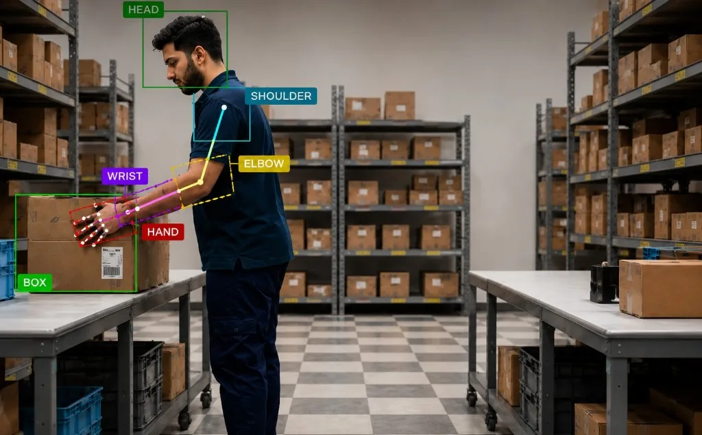 Warehouse worker packing a box with head, shoulder, elbow, wrist, hand and box keypoint labels