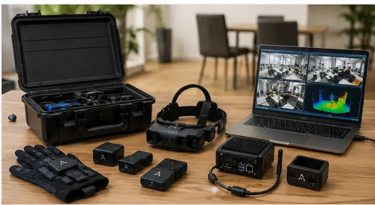 Awign-Run capture kit with hard case, tactile glove, stereo headset, compute unit and laptop showing multi-camera depth preview