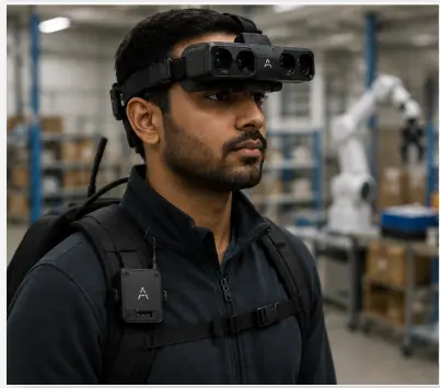 Operator wearing a stereo capture headset and chest-mounted recorder in a factory with a robot arm