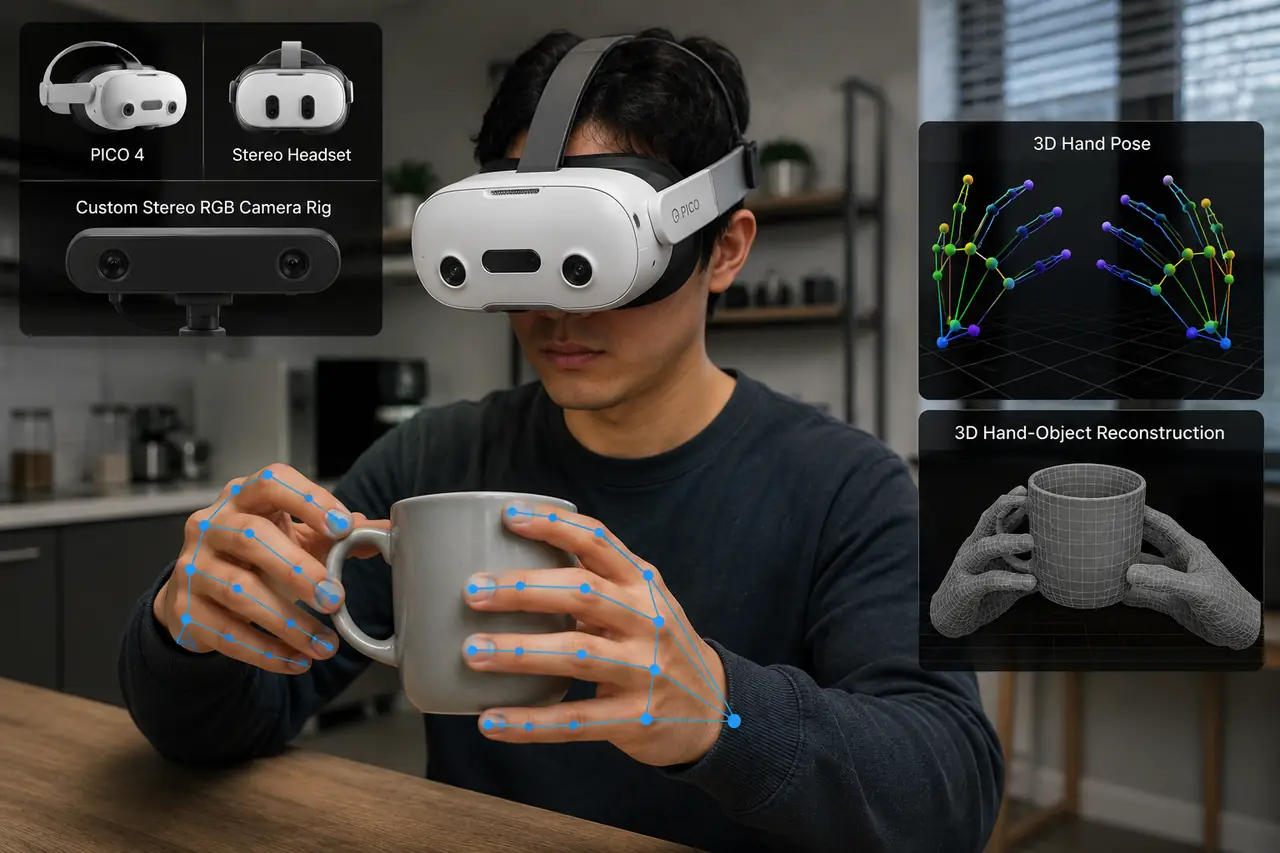 Operator in a stereo headset holding a mug with 3D hand pose and hand-object reconstruction panels