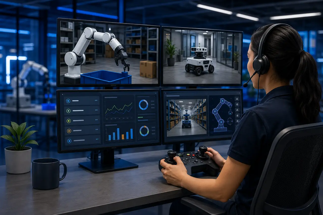 Operator teleoperating a robot arm and mobile robot from a four-monitor control desk