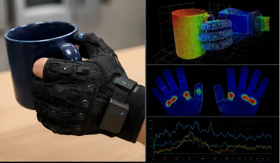 Tactile glove holding a mug with 3D point cloud, pressure heatmaps and force telemetry