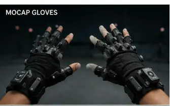Mocap gloves worn on both hands in a capture studio